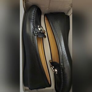 Michael Kors 7.5 Black Leather Loafers with Silver Charm Logo